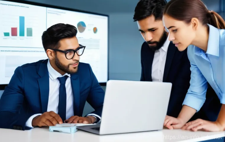 정보처리 자격증 취득 후 현업 적용 성공 사례 - **Prompt:** A diverse group of IT professionals, four individuals in total (two men, two women, aged...