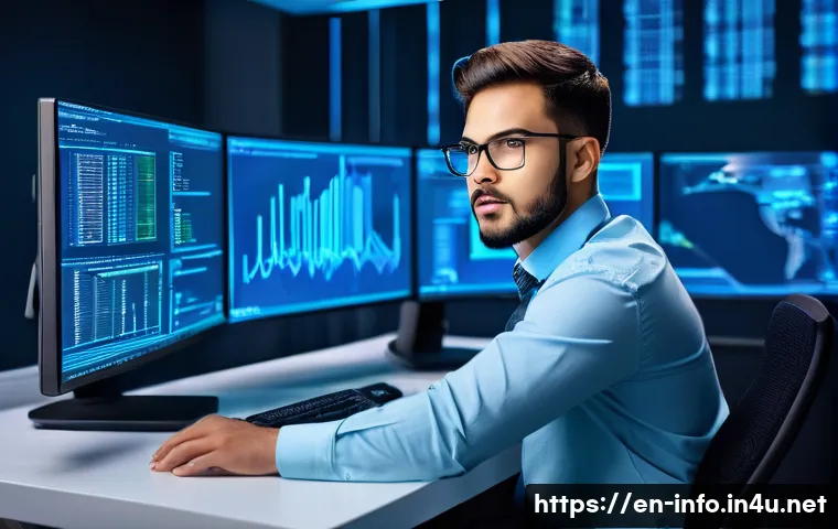 정보처리 자격증을 활용한 IT 직군별 이직 팁 - A professional workspace scene featuring a young system administrator at a modern desk with multiple...