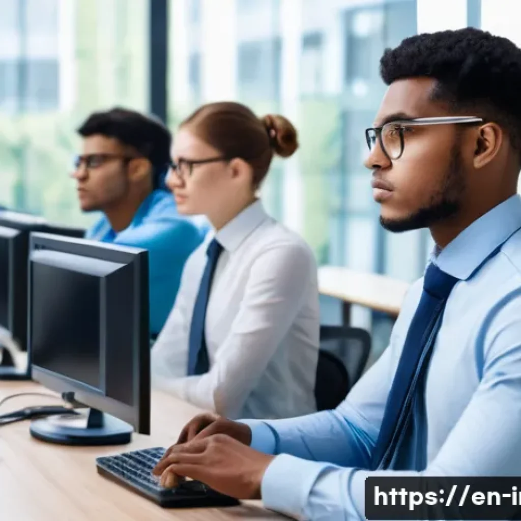 정보처리 자격증 취득 후 IT 업계 진출 사례 - A professional IT certification exam scene in a modern testing center: a diverse group of young adul...