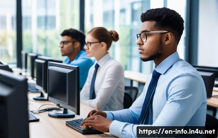 정보처리 자격증 취득 후 IT 업계 진출 사례 - A professional IT certification exam scene in a modern testing center: a diverse group of young adul...