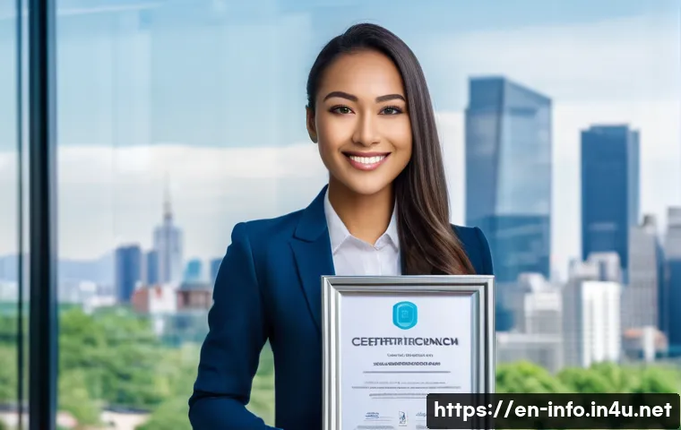 정보처리 자격증 취득 후 대기업 연봉 협상 성공기 - A professional business setting showing a confident young woman in smart business attire, holding a ...