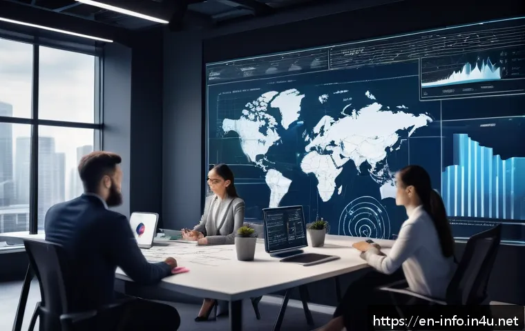 정보처리 실무에서 데이터 모델링 적용 사례 - A modern office scene with diverse professionals collaborating around a large digital touchscreen di...