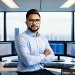 Home 19 정보처리기사 취득 후 대기업 취업 성공 후기 - A confident young professional in business casual attire sitting at a modern office desk, surrounded...