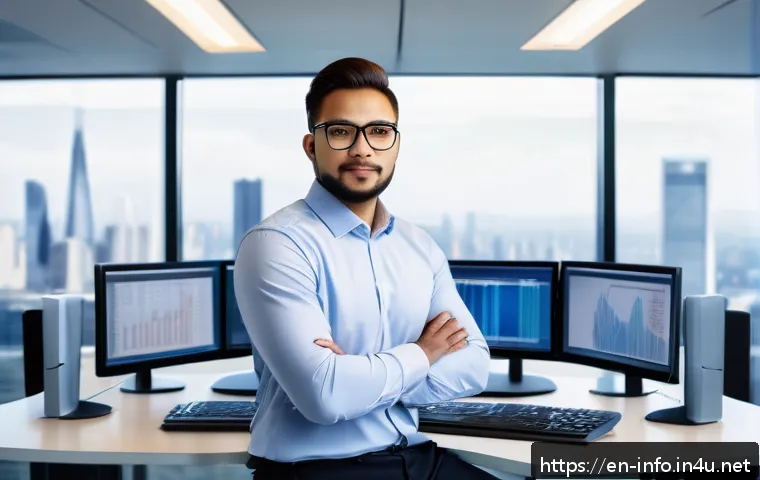 정보처리기사 취득 후 대기업 취업 성공 후기 - A confident young professional in business casual attire sitting at a modern office desk, surrounded...