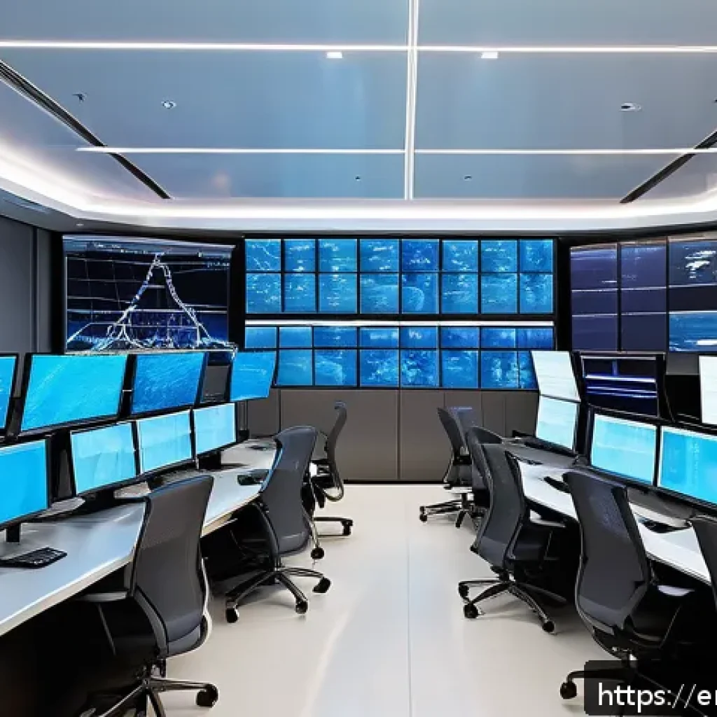 정보처리 실기 시험에서 자주 다뤄지는 실무 사례 - A high-tech network operations center with multiple large screens displaying dynamic bandwidth graph...