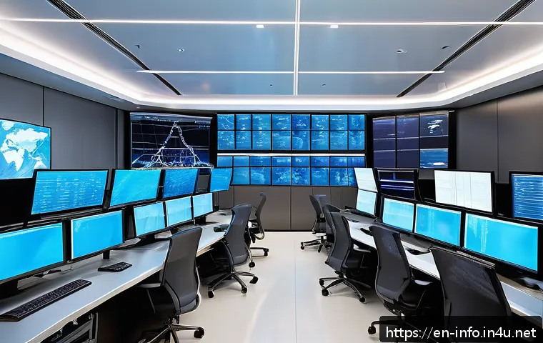 정보처리 실기 시험에서 자주 다뤄지는 실무 사례 - A high-tech network operations center with multiple large screens displaying dynamic bandwidth graph...